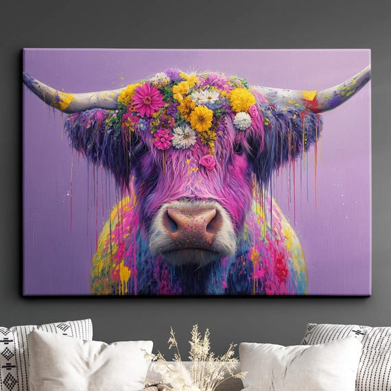 Highland Scottish Cow Painting Colouful Abstract Modern Wall Art Framed Canvas Poster Print Homeoffice Room Decor Gifts
