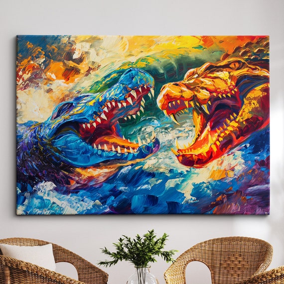 Alligators Fighting Abstract Wild Animal Painting Splatter Wall Art Framed Canvas Poster Print Home Kitchen Office Room Decor Gifts