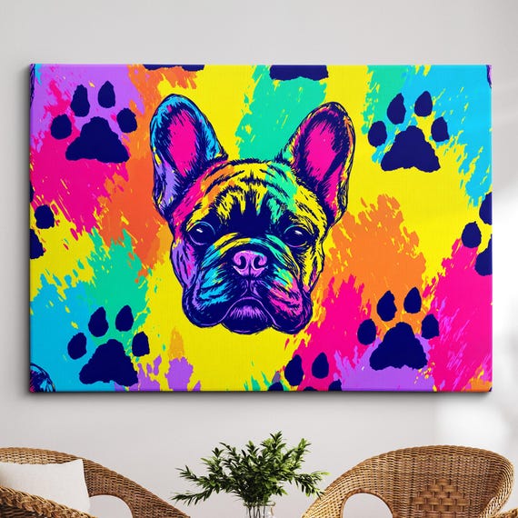 Abstract French Bulldog Pop Art Pet Dog Pattern Oil Painting Style Wall Framed Calming Canvas Poster Print Homeoffice Decor Gifts