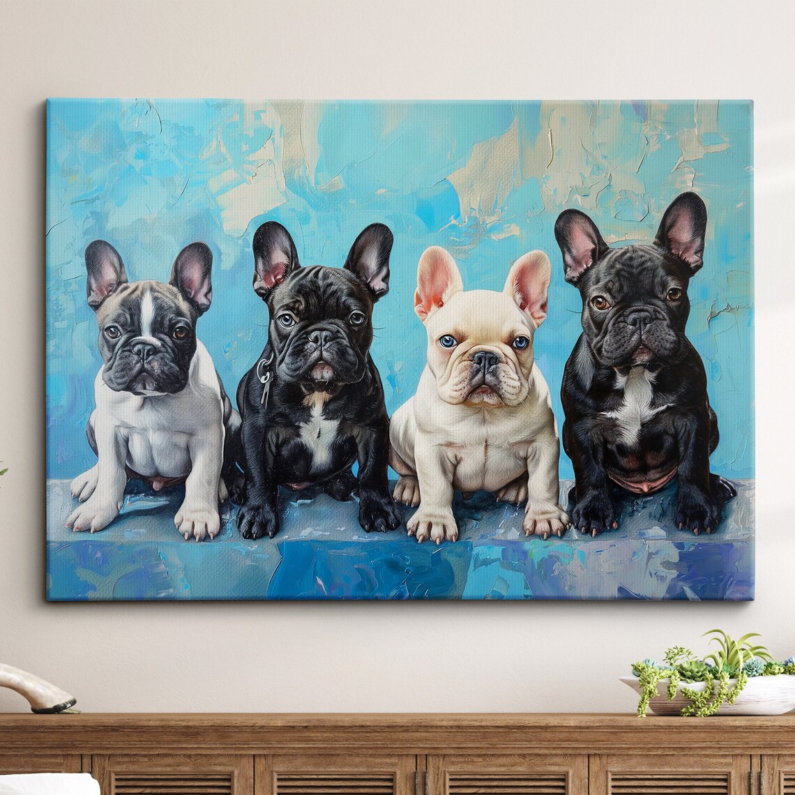 Four French Bulldog Puppies Sitting Painted Blue Background Art Poster