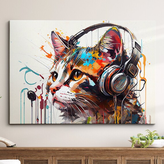 Cat Wearing Headphones Colorful Splatter Art Funny Pet Painting Poster