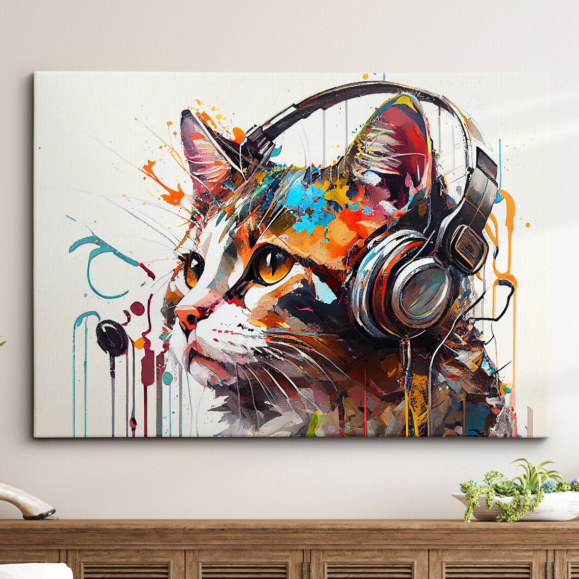 Cat Wearing Headphones Colorful Splatter Art Funny Pet Painting Poster