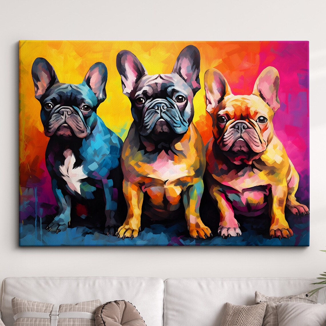 Colorful French Bulldogs Abstract Oil Painting Paint Splatter Style Wall Art Framed Canvas Poster Print Home Living Room Decor Fun Dog Gift