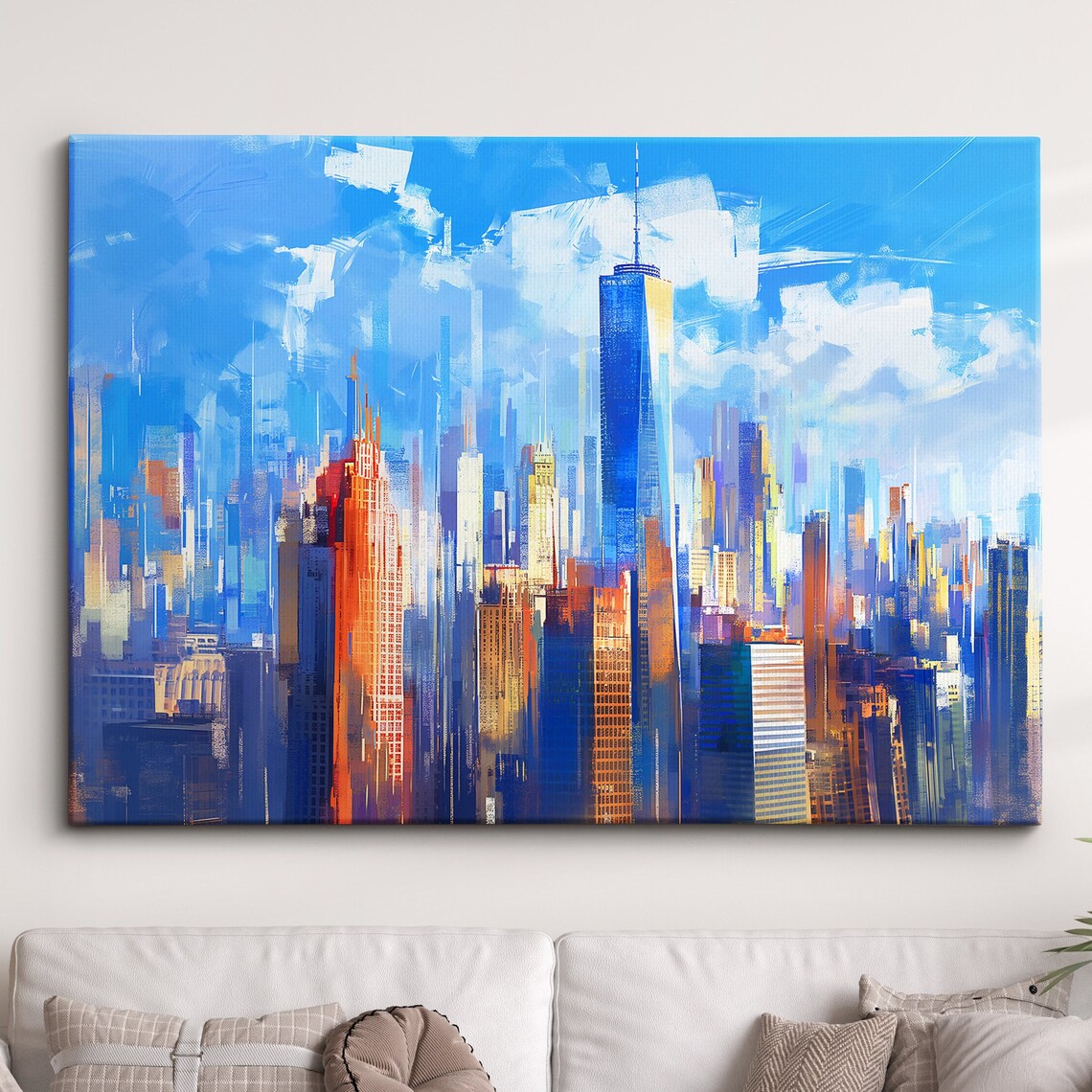 New York City Skyline Sunset America Landmark Oil Painting Style Wall Art Framed Calming Canvas Poster Print Homeoffice Room Decor Gifts