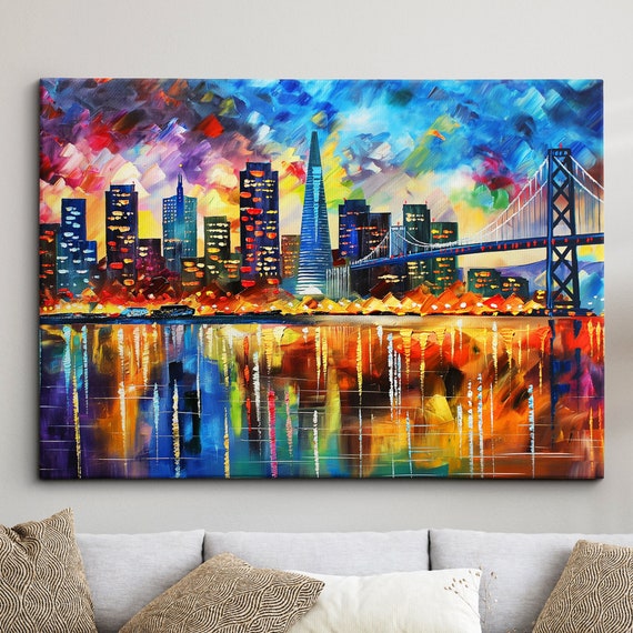 San Francisco City Skyline Painting Modern Abstract Wall Art Framed Canvas Poster Print Homeoffice Room Decor Gifts