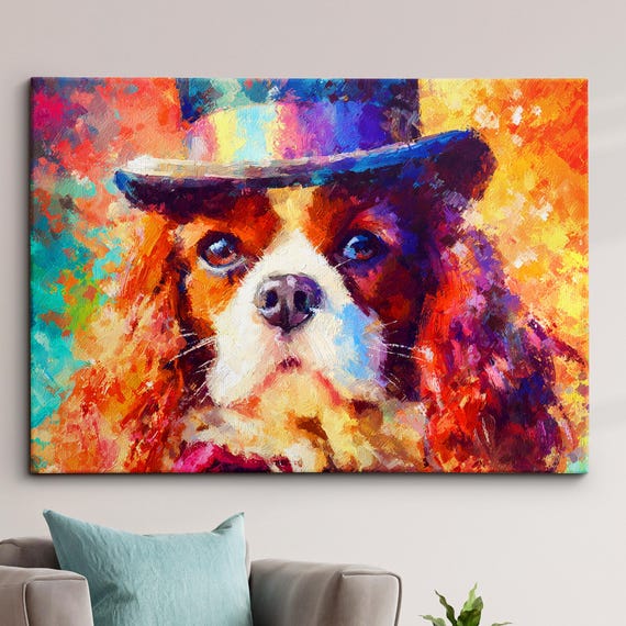Cavalier King Charles Spaniel In A Top Hat Animal Abstract Oil Painting Splatter Style Wall Art Framed Canvas Poster Print Home Decor Gifts