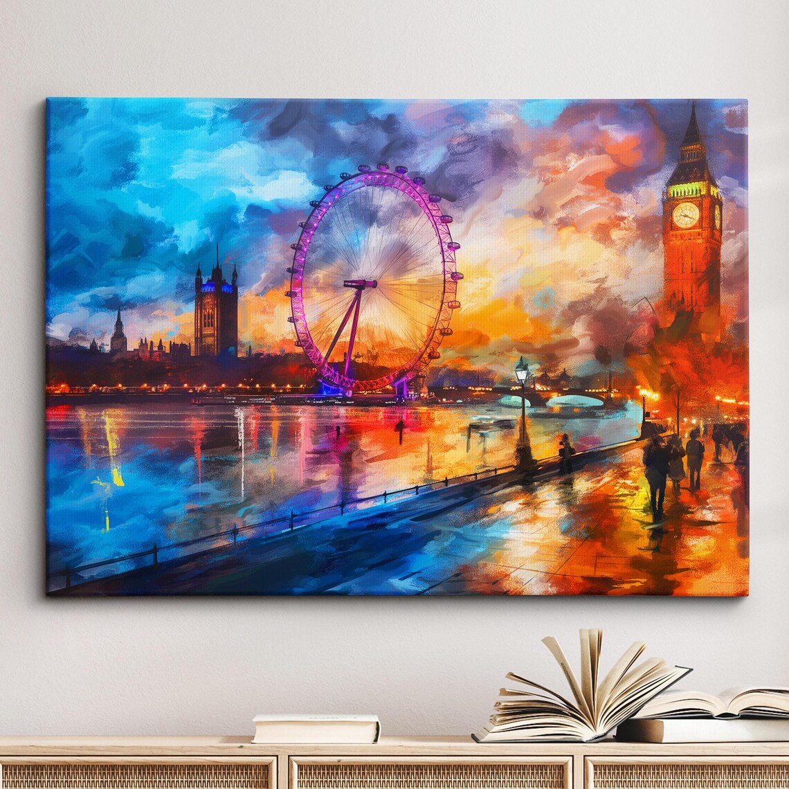 London Eye Abstract Oil Painting Colorful Thames Sunset Poster
