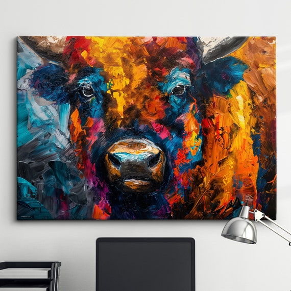 Highland Cow Animal Abstract Oil Painting Colourful Paint Splatter Style Wall Art Framed Canvas Poster Print Homeoffice Room Decor Gifts