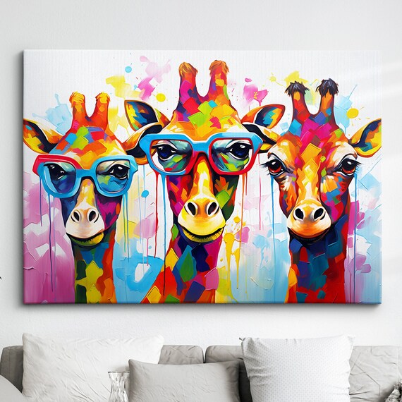 Colorful Giraffe Family Glasses Abstract Oil Painting Style Wall Art Framed Canvas Poster Print Home Kitchen Office Room Decor Gifts