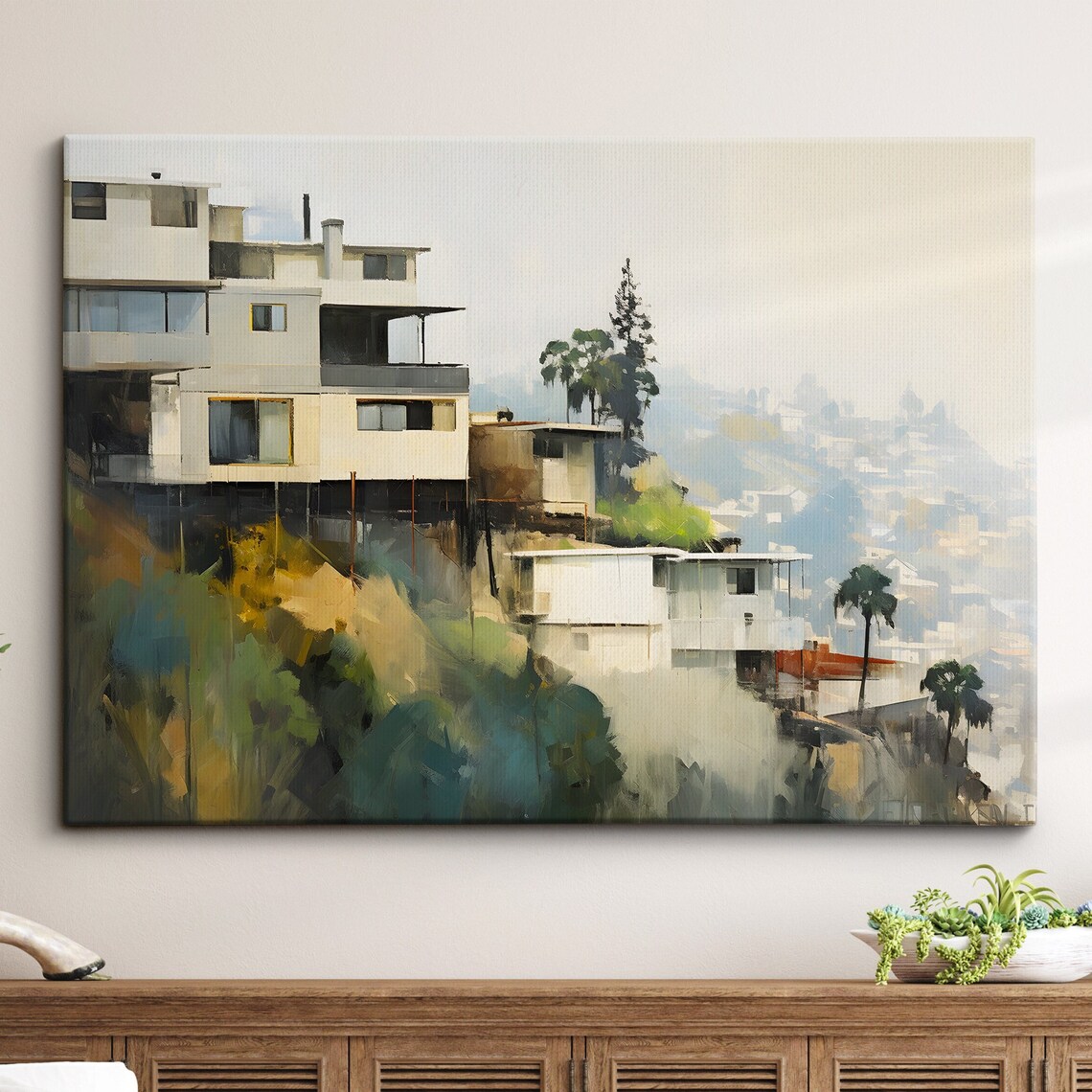Modern Hollywood Hills Houses Palm Trees Abstract Cityscape Poster