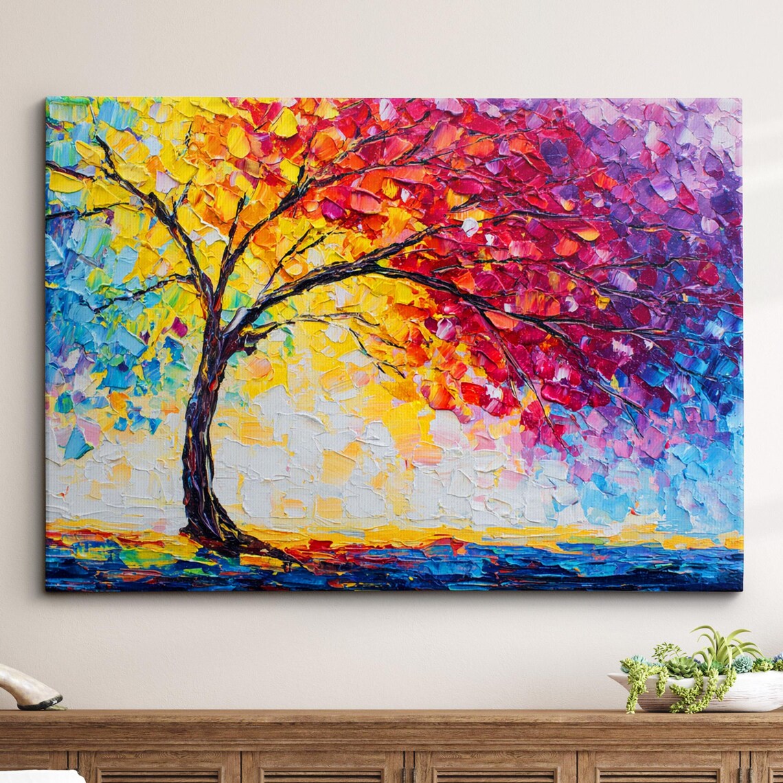 Rainbow Tree of Life Palette Knife Abstract Painting Wall Poster
