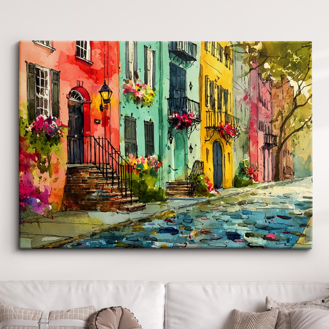 Red Row Houses Cobblestone Street Colorful City Painting Poster
