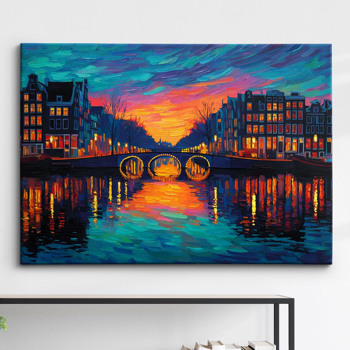 Amsterdam Canal Sunset Impasto Oil Painting Bridge Lights Wall Art