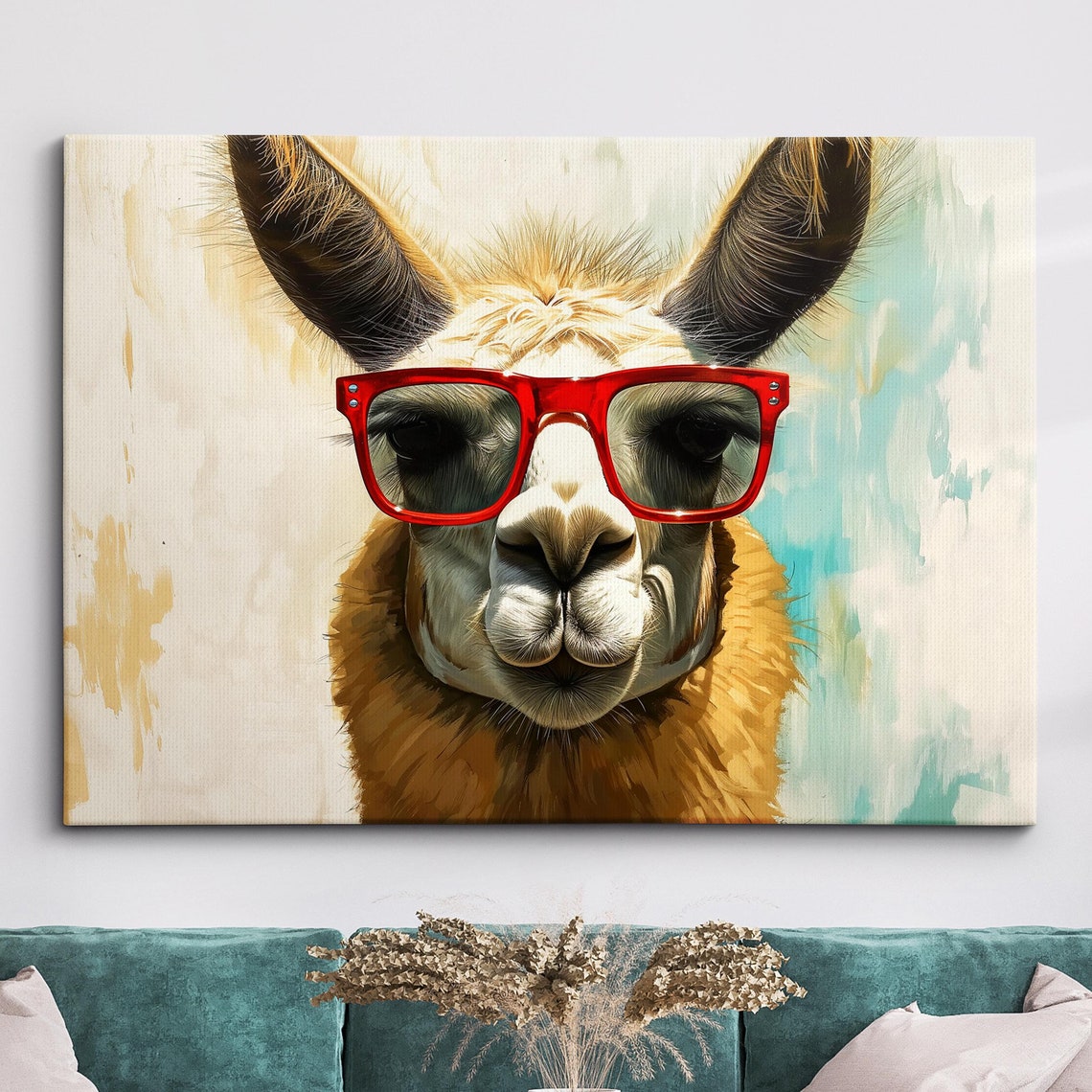 Cool Llama Wearing Red Glasses Funny Oil Painting Animal Poster
