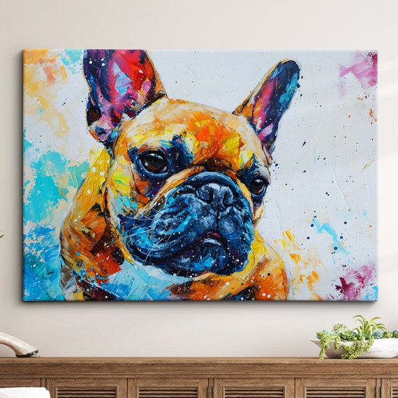 Colorful French Bulldog Abstract Modern Oil Painting Wall Art Framed Canvas Poster Print Home Kitchen Office Room Decor Dog Gift Ideas