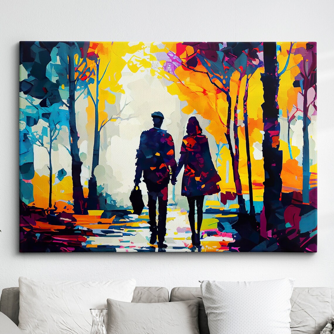 Couple Walking Starry Night Abstract Art Print