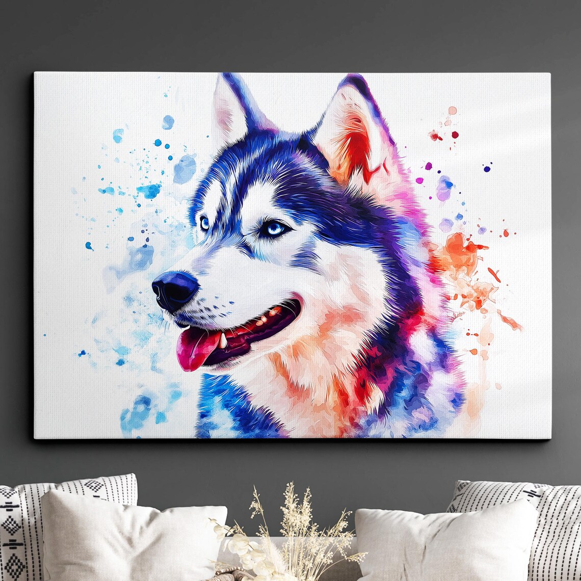 Smiling Siberian Husky Portrait Vibrant Watercolor Splatter Poster