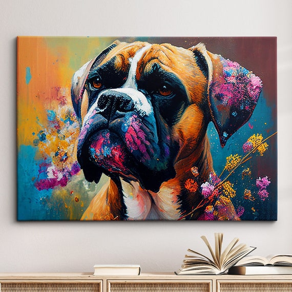 Boxer With Flowers Dog Pet Abstract Modern Oil Painting Wall Art Framed Canvas Poster Print Home Kitchen Office Room Decor Gifts
