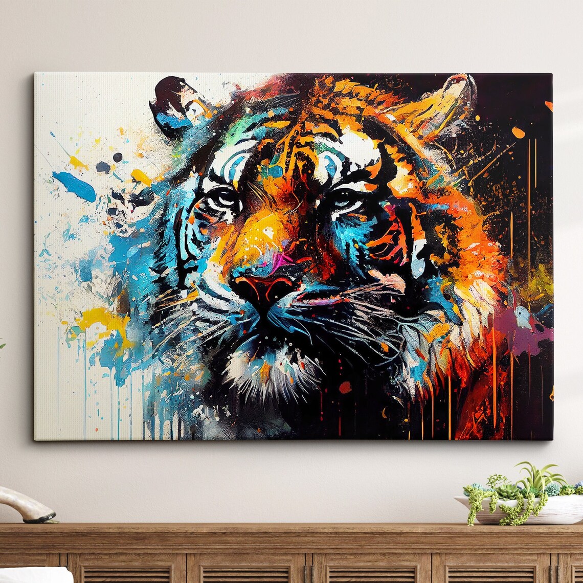 Colorful Tiger Face Splatter Painting Bold Modern Animal Wall Art