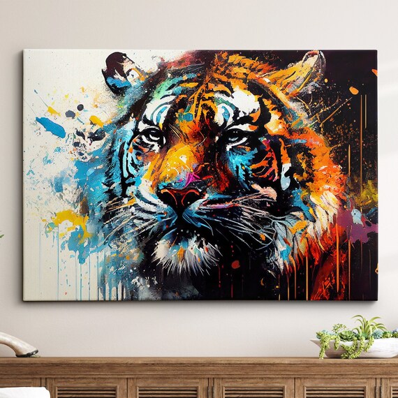 Tiger Animal Abstract Modern Jungle Wild Oil Painting Splatter Style Wall Art Framed Canvas Poster Print Homeoffice Room Decor Gifts