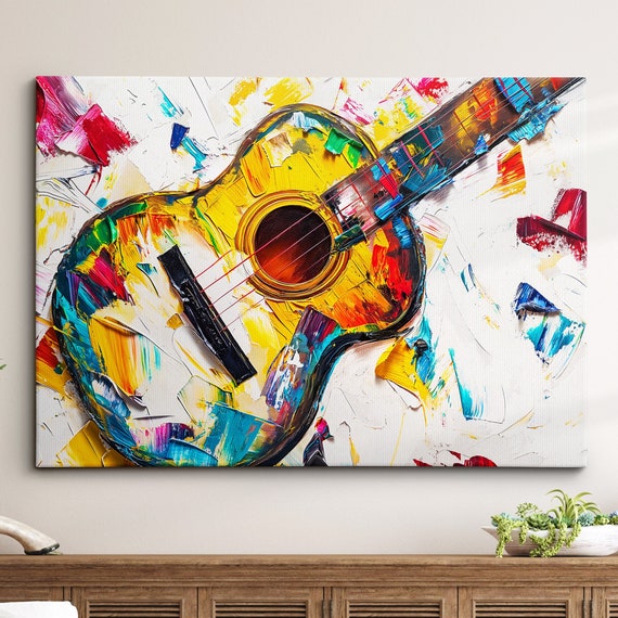 Guitar Abstract Oil Painting Musical Instrument Wall Art Framed Canvas Poster Print Home Kitchen Living Bedroom Decor Music Lover Gift