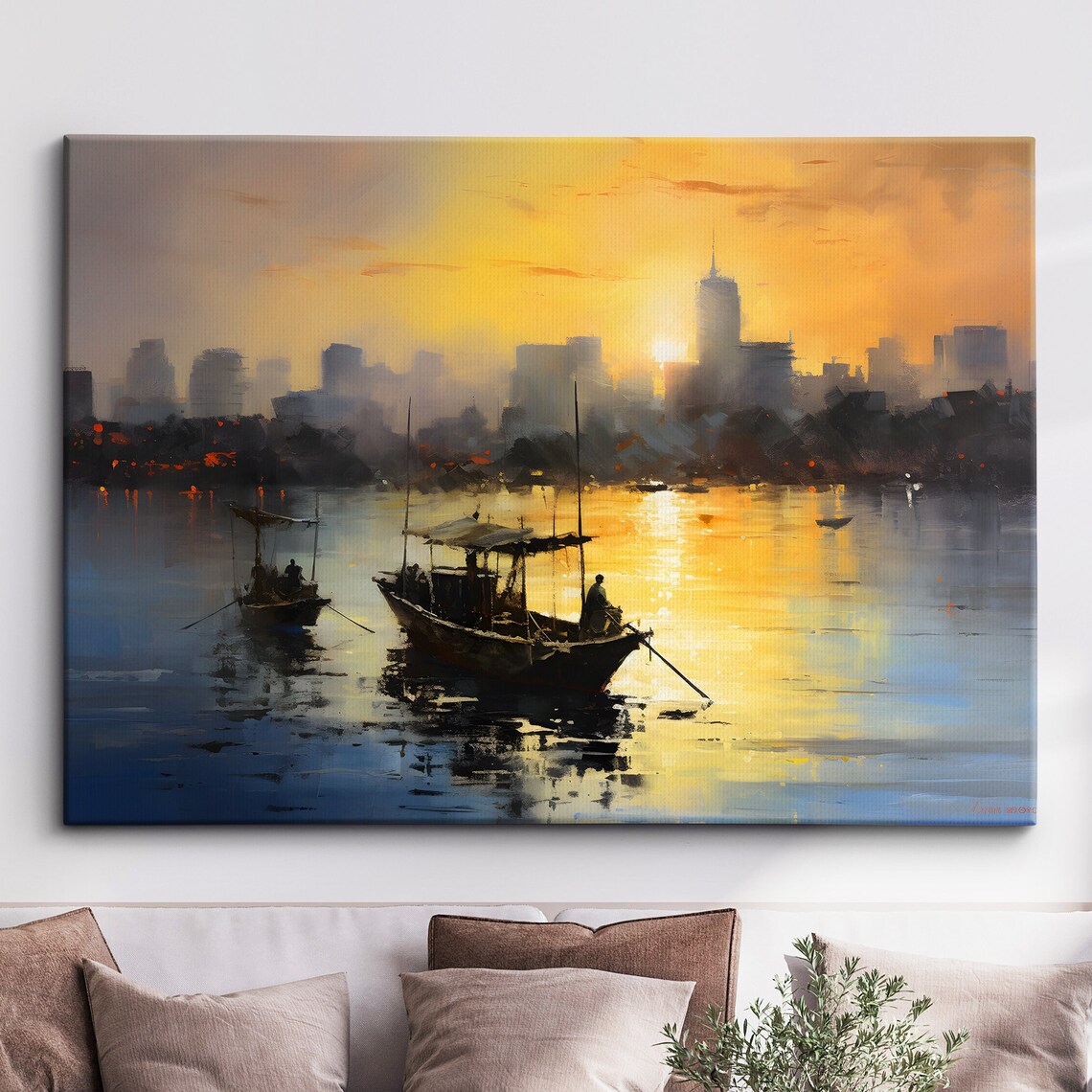Bangkok River Golden Sunset Boats Silhouette Oil Painting Poster