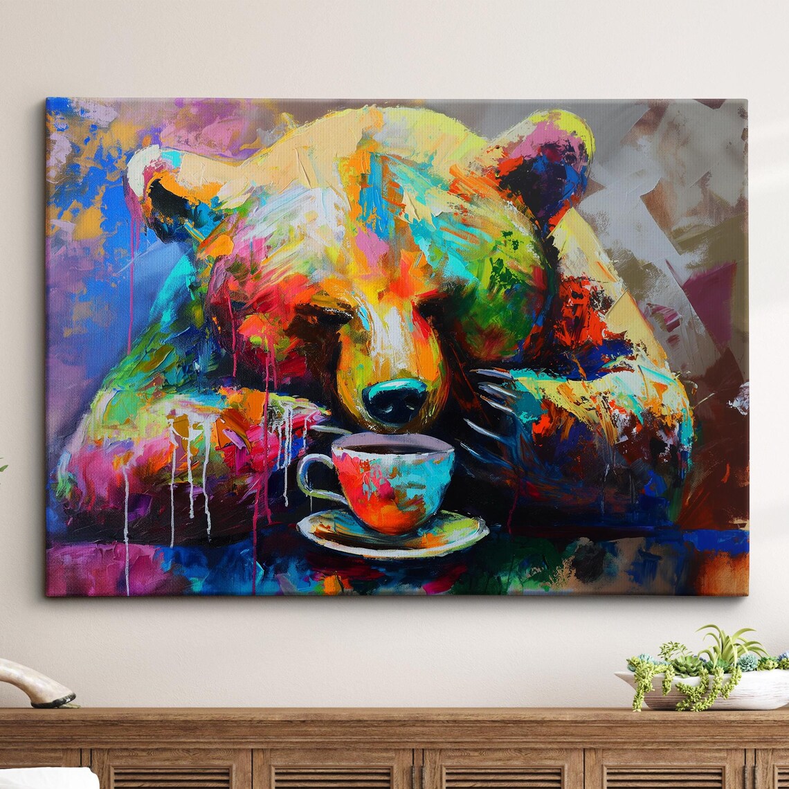 Dreamy Bear Resting Head Near Coffee Cup Colorful Oil Wall Poster