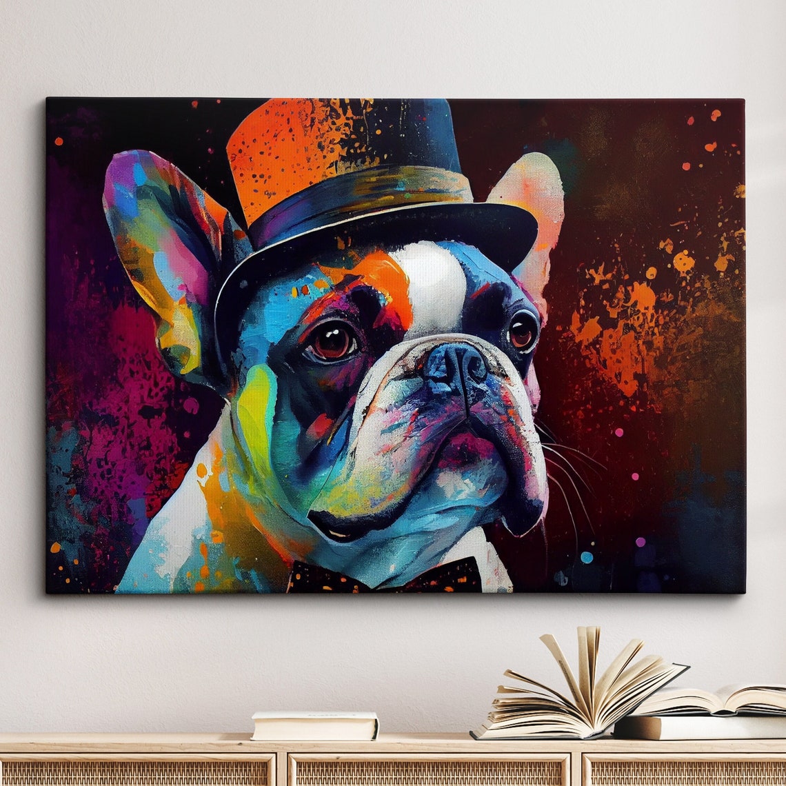 French Bulldog Wearing Top Hat Colorful Pop Art Style Poster