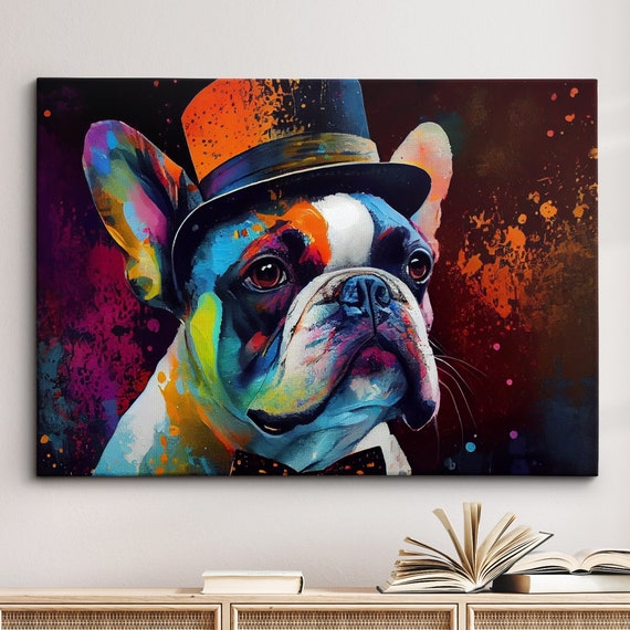 French Bulldog Hat Fun Animal Dog Pet Lover Abstract Oil Painting Wall Art Framed Canvas Poster Print Home Kitchen Office Room Decor Gifts