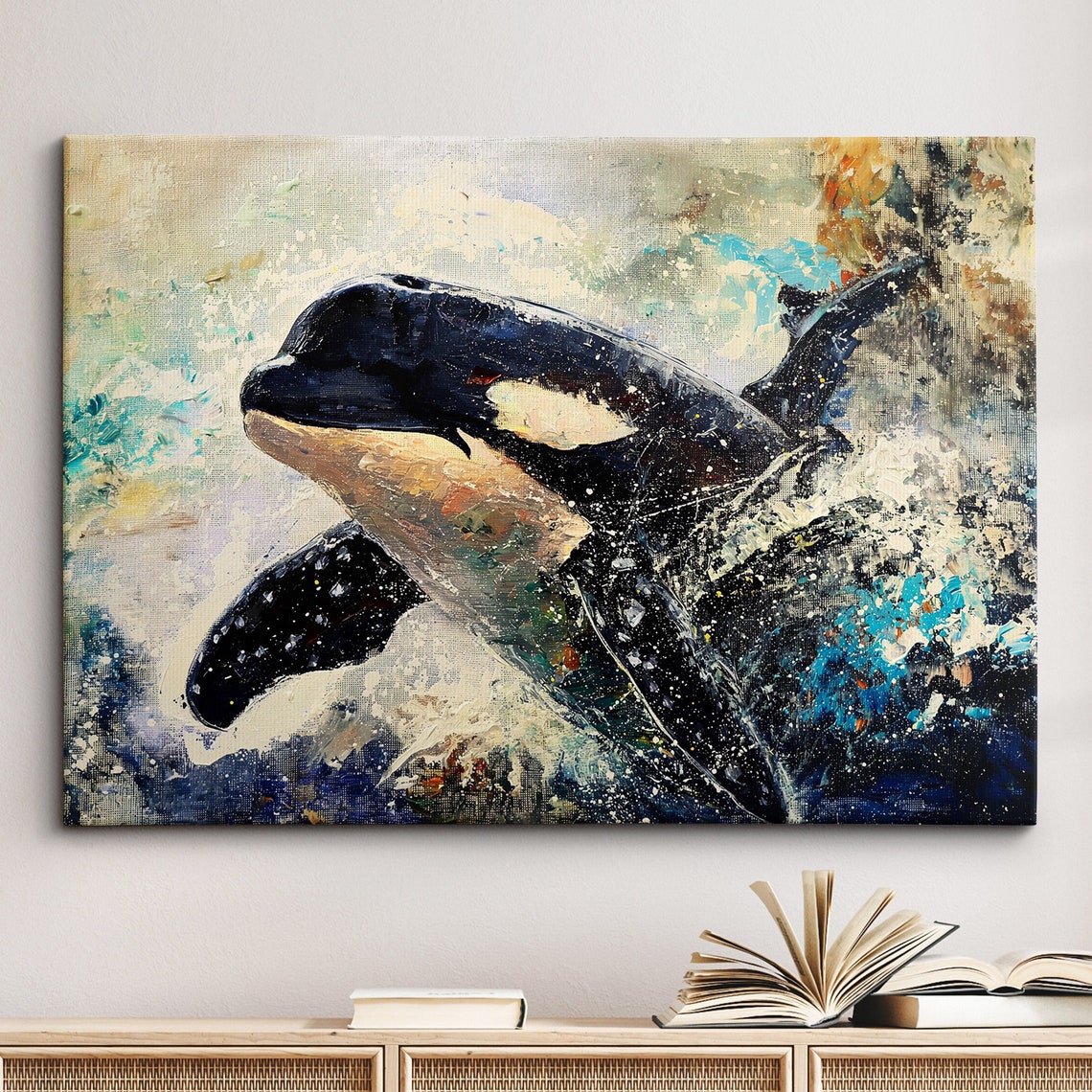 Orca Whale Breaching Ocean Waves Abstract Oil Painting Canvas Poster