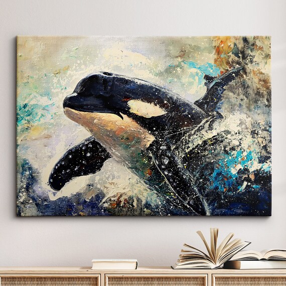Orca Whale Animal Abstract Oil Painting Colourful Paint Splatter Style Wall Art Framed Canvas Poster Print Homeoffice Room Decor