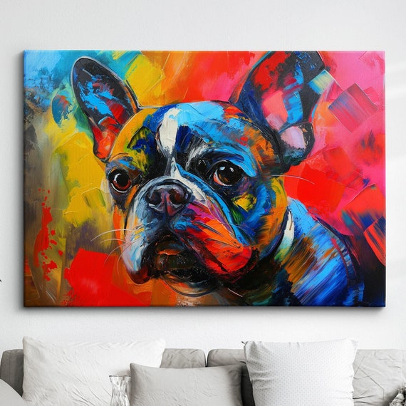 Colorful French Bulldog Dog Pet Abstract Modern Oil Painting Wall Art Framed Canvas Poster Print Home Kitchen Office Room Decor Gifts