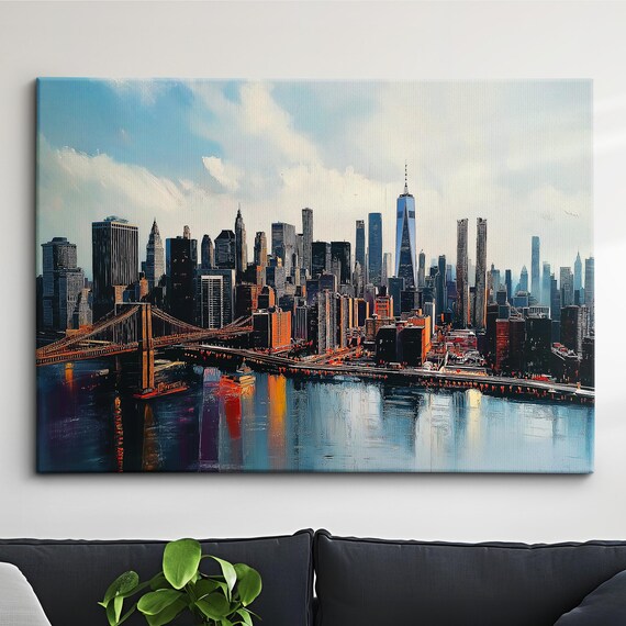 Manhattan Skyline At Dusk Oil Painting Poster Brooklyn Bridge Night View