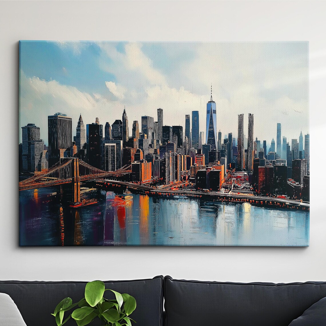 Manhattan Skyline At Dusk Oil Painting Poster Brooklyn Bridge Night View