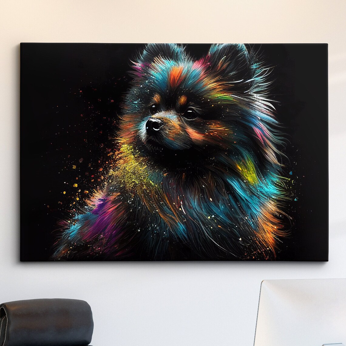 Colorful Pomeranian Splatter Portrait on Black Canvas Art Print