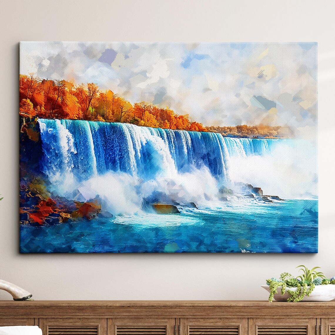 Majestic Waterfall In Autumn Colors Vibrant Oil Painting Poster