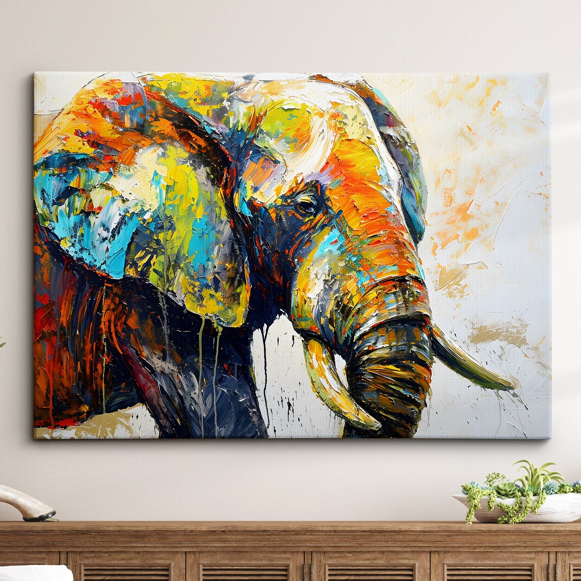 Vibrant Multicolor Elephant Abstract Oil Painting Wildlife Art Poster
