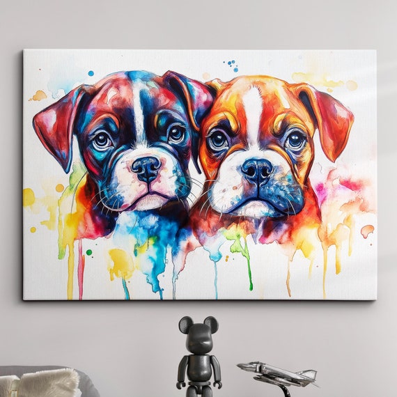 Puppy Boxers Abstract Dog Pet Animal Painting Splatter Wall Art Framed Canvas Poster Print Home Kitchen Office Room Decor Family Gifts