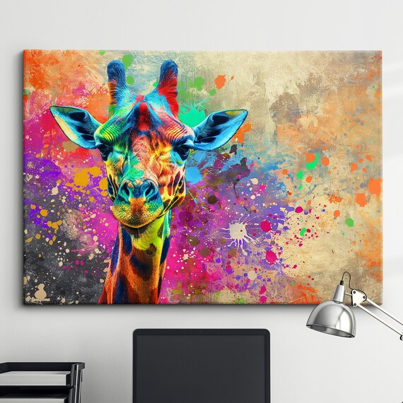 Colorful Giraffe Abstract Animal Oil Painting Style Landscape Wall Art Framed Canvas Poster Print Home Kitchen Living Bedroom Decor Gifts
