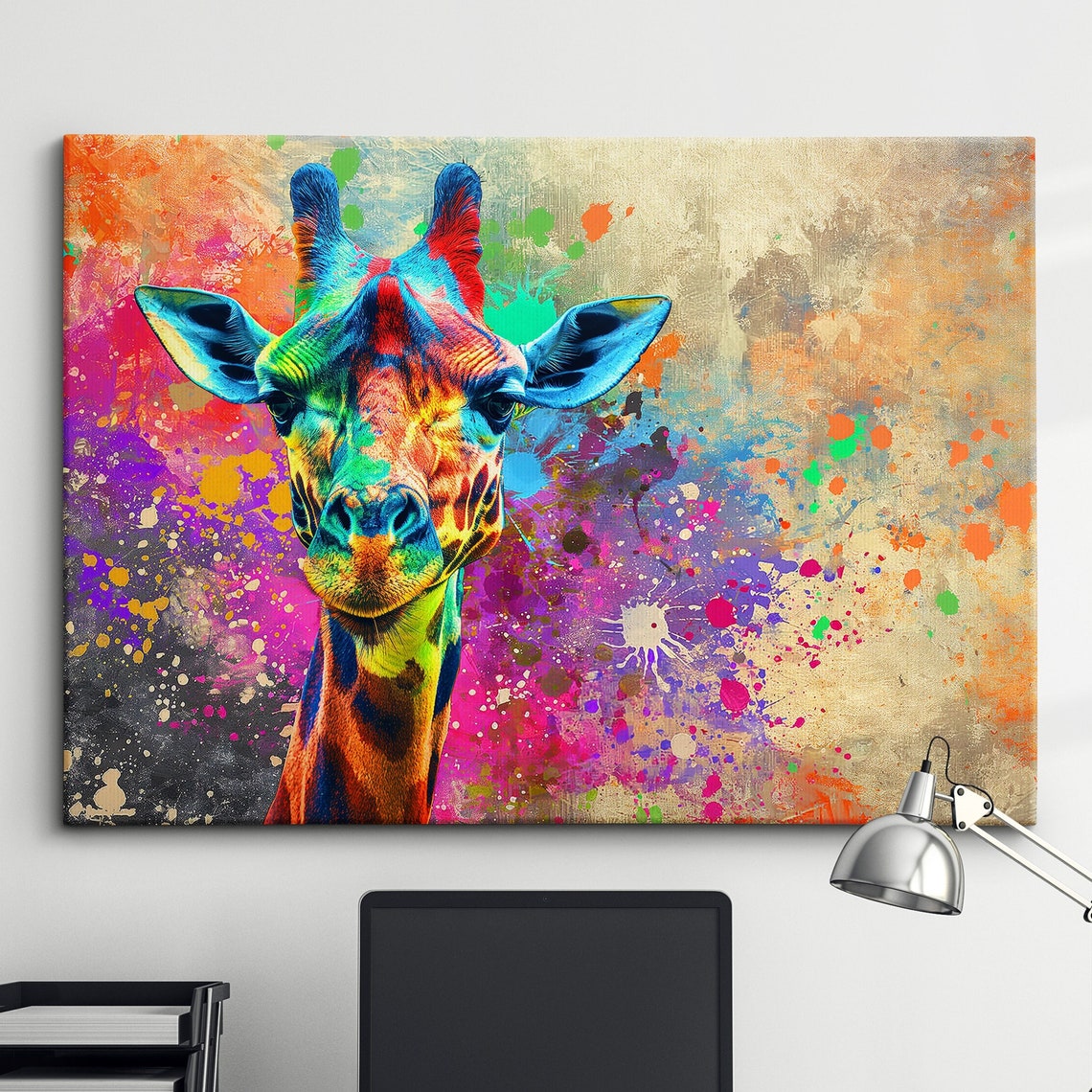 Colorful Giraffe Head Abstract Paint Splash Oil Painting Poster