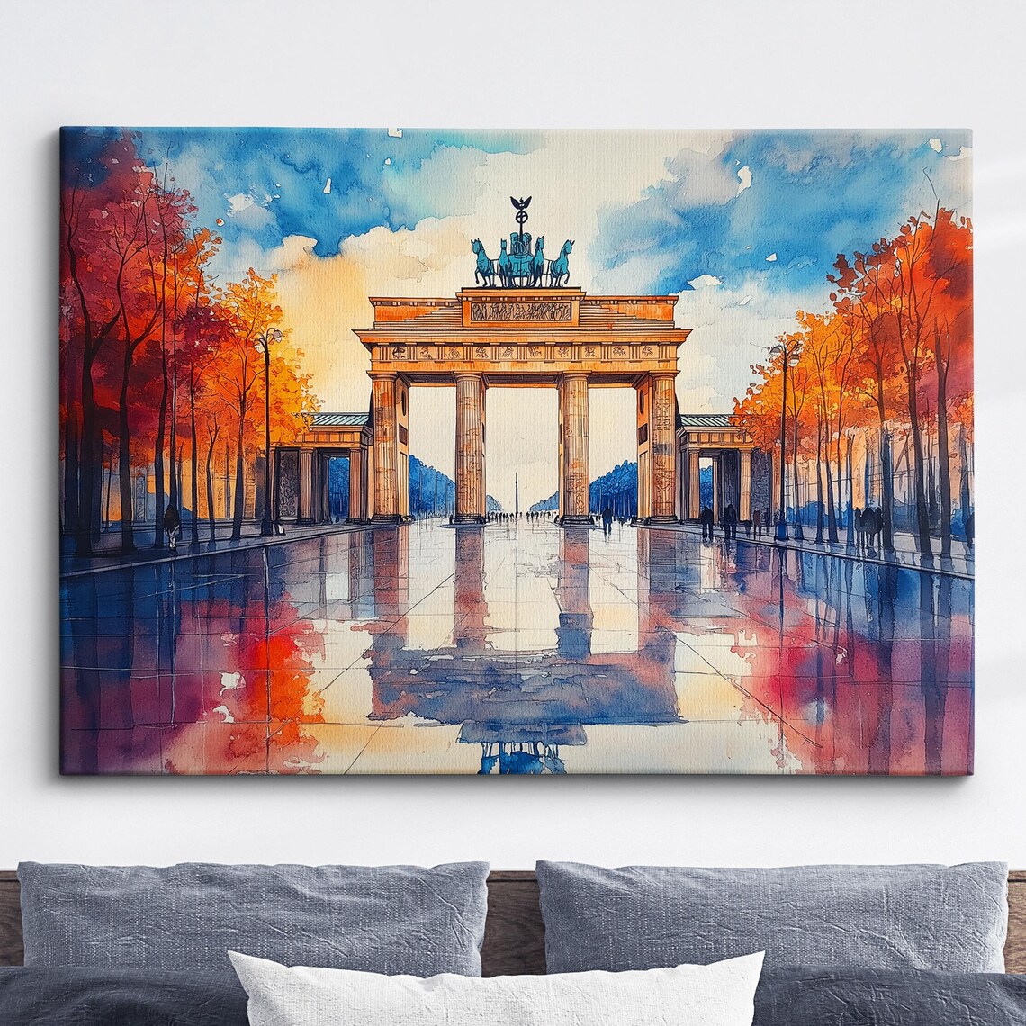 Brandenburg Gate Berlin Watercolor Autumn Rain Reflection Poster