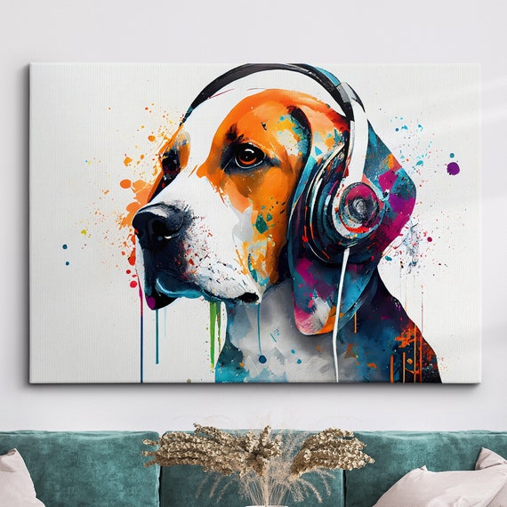 Beagle With Headphones Dog Pet Abstract Modern Painting Wall Art Framed Canvas Poster Print Home Kitchen Office Room Decor Gifts