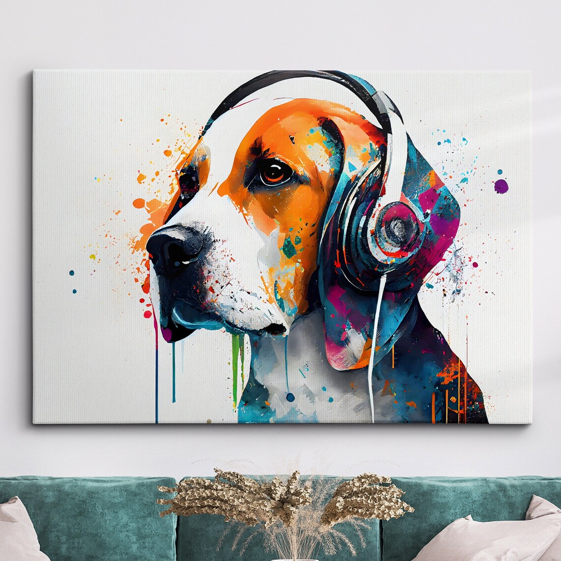 Beagle Dog Wearing Headphones Colorful Splash Music Lover Art Poster