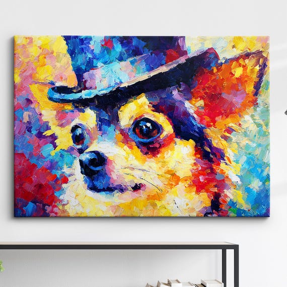 Chihuahua In A Top Hat Animal Abstract Oil Painting Splatter Style Wall Art Framed Canvas Poster Print Office Room Home Decor Gifts