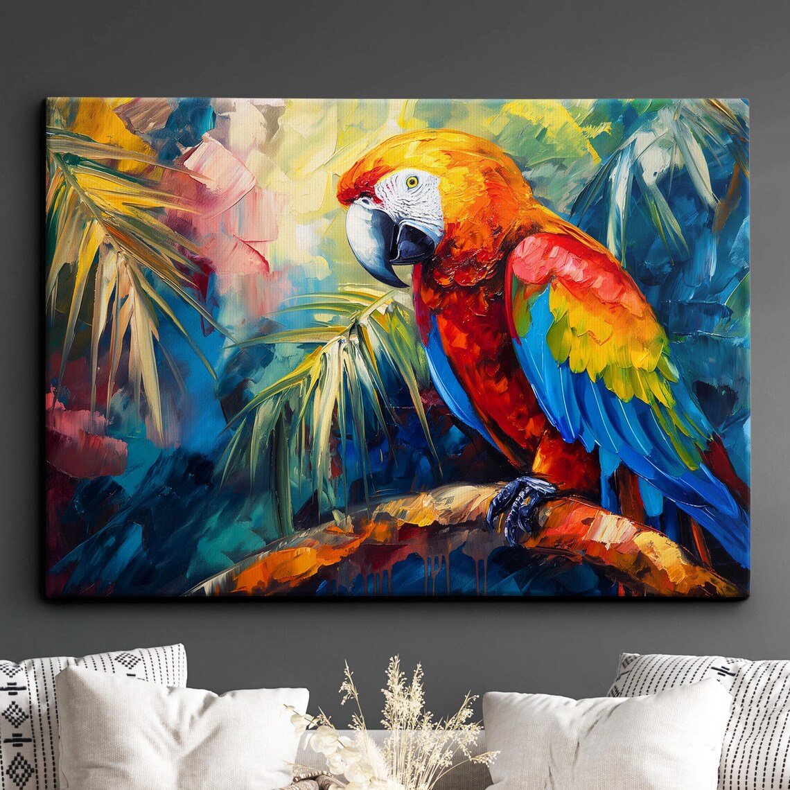 Colorful Scarlet Macaw Parrot Tropical Oil Painting Bird Poster