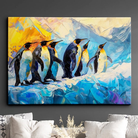 Penguin Animal Abstract Oil Painting Colourful Paint Splatter Style Wall Art Framed Canvas Poster Print Homeoffice Room Decor Gifts
