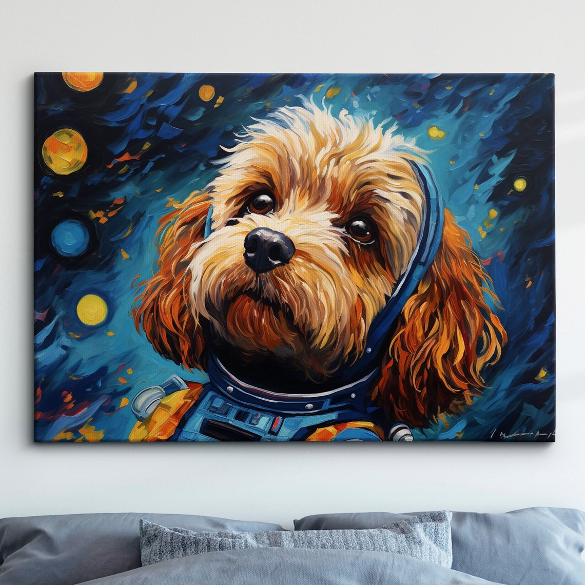 Cockapoo Puppy Astronaut Helmet Starry Space Painting Wall Art