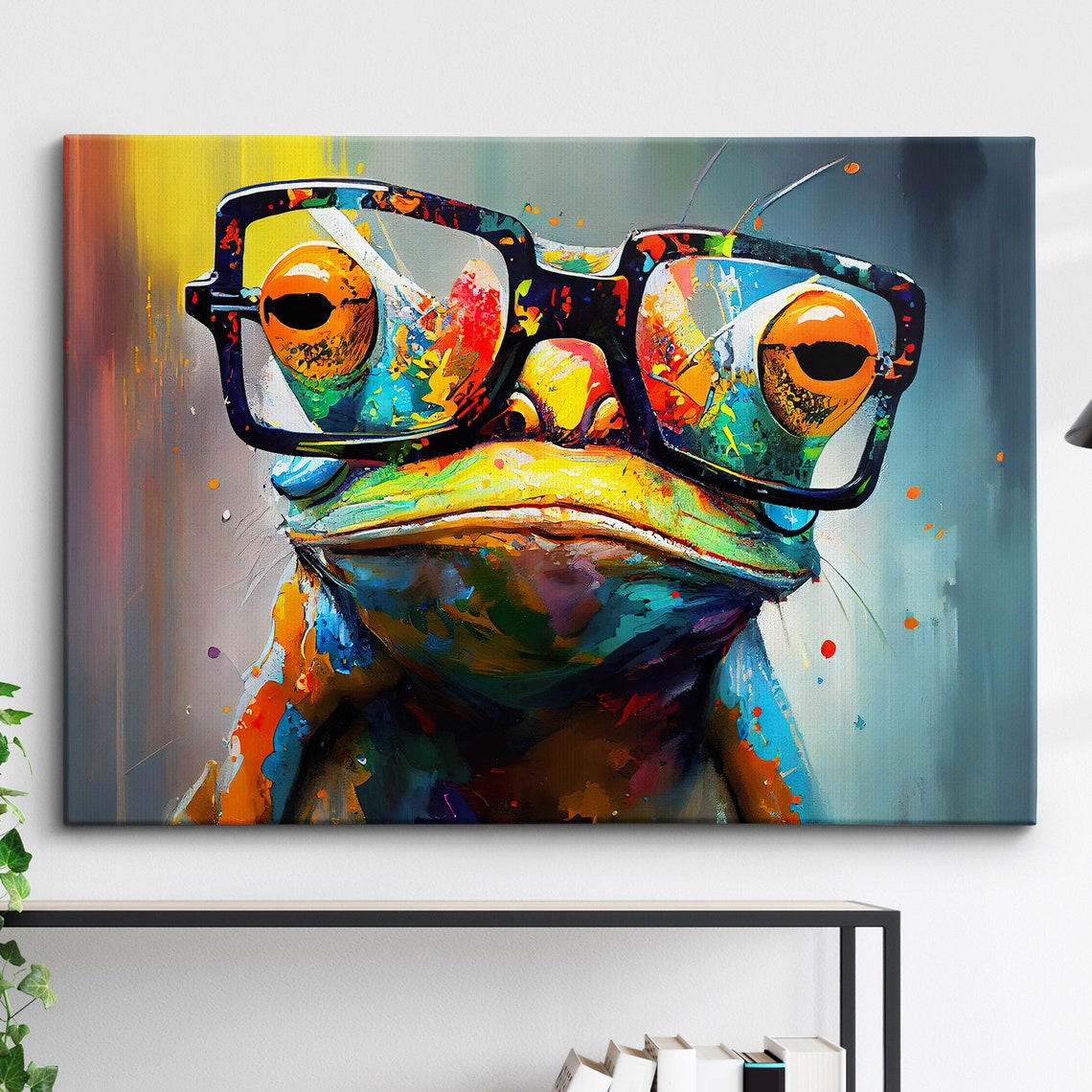 Fun Unique Frog With Glasses Abstract Modern Painting Wall Art Framed Canvas Poster Print Home Kitchen Office Room Decor Gifts