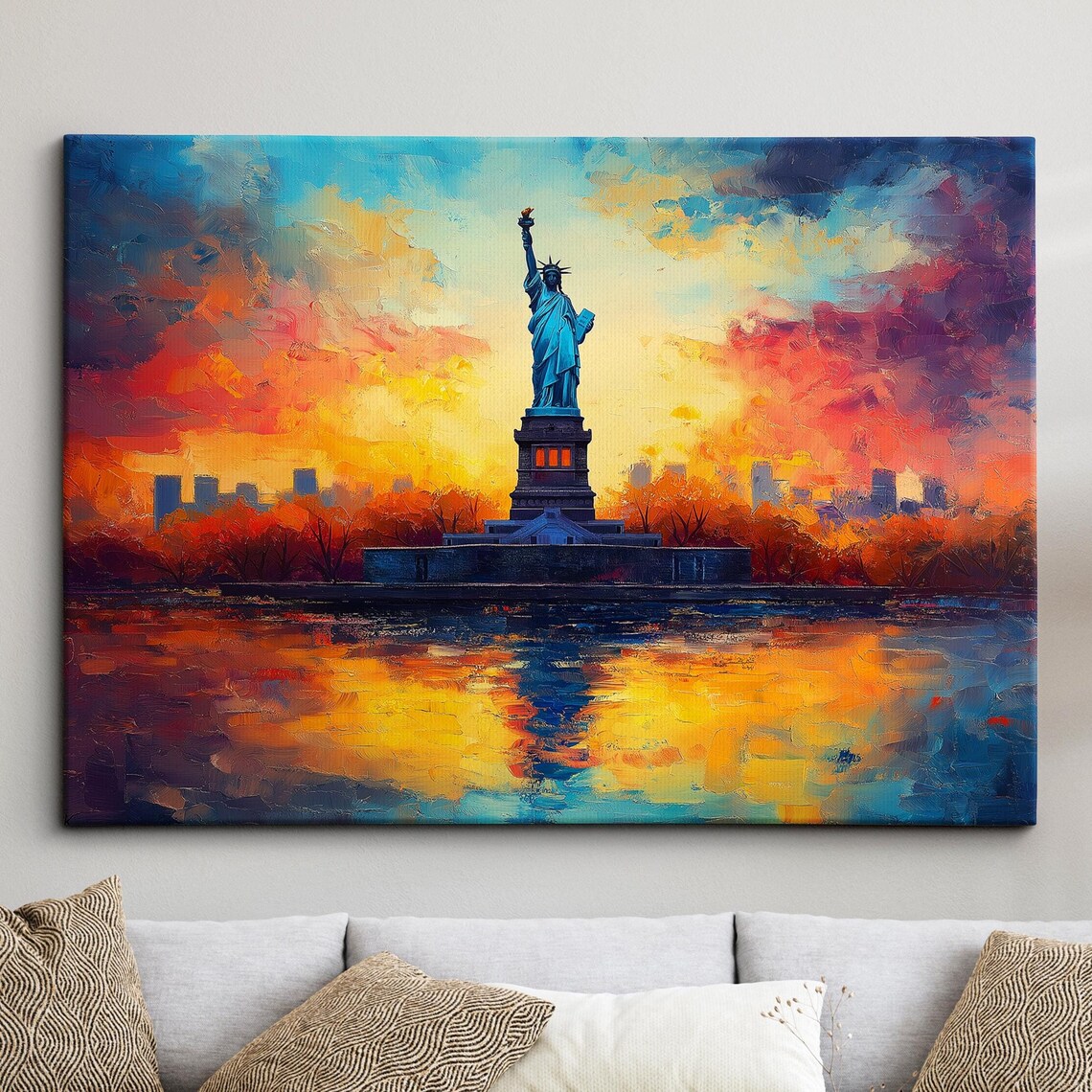 Statue of Liberty Golden Sunset Harbor Canvas Painting Poster