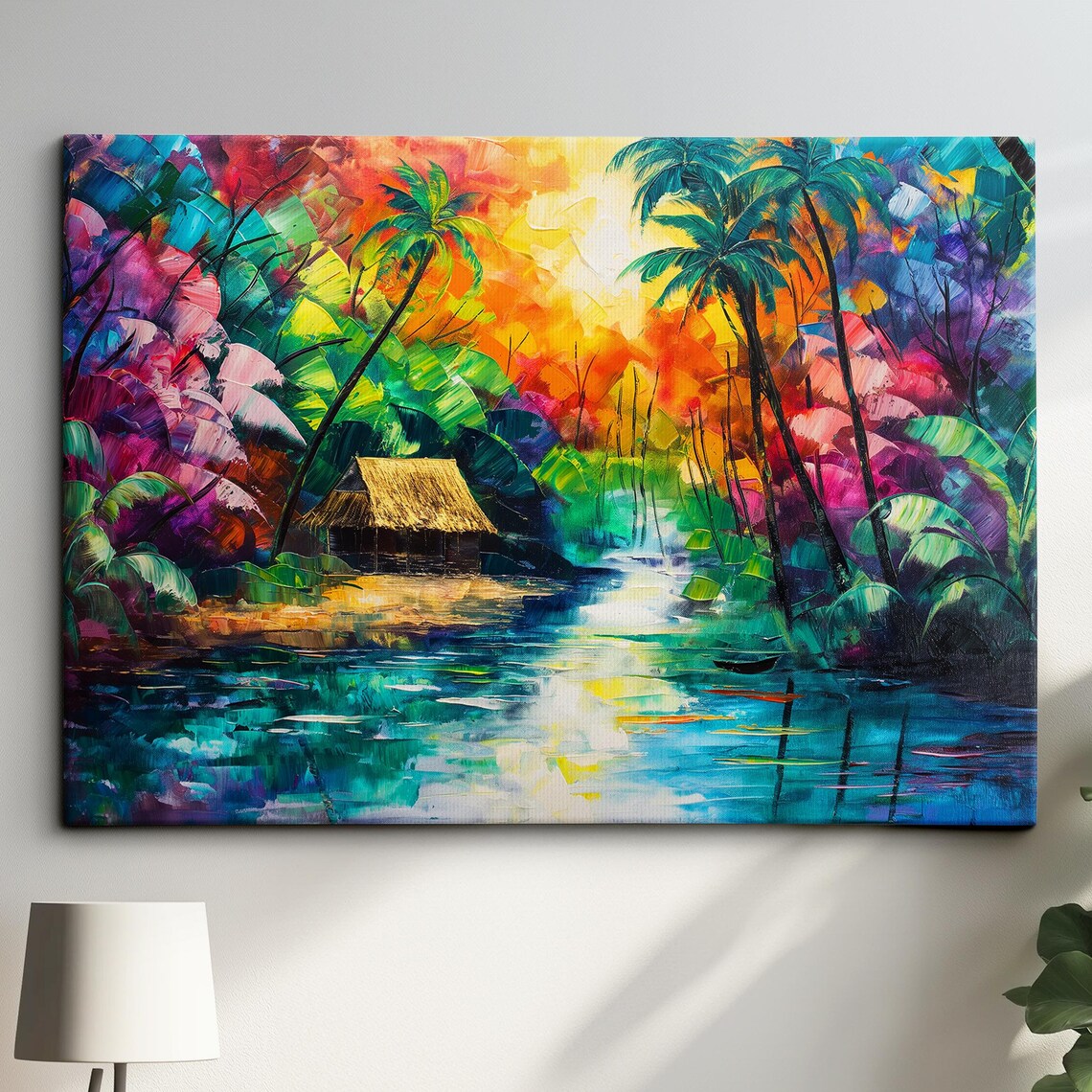 Tropical Lagoon Hut Palm Trees Vibrant Colorful Oil Painting Poster